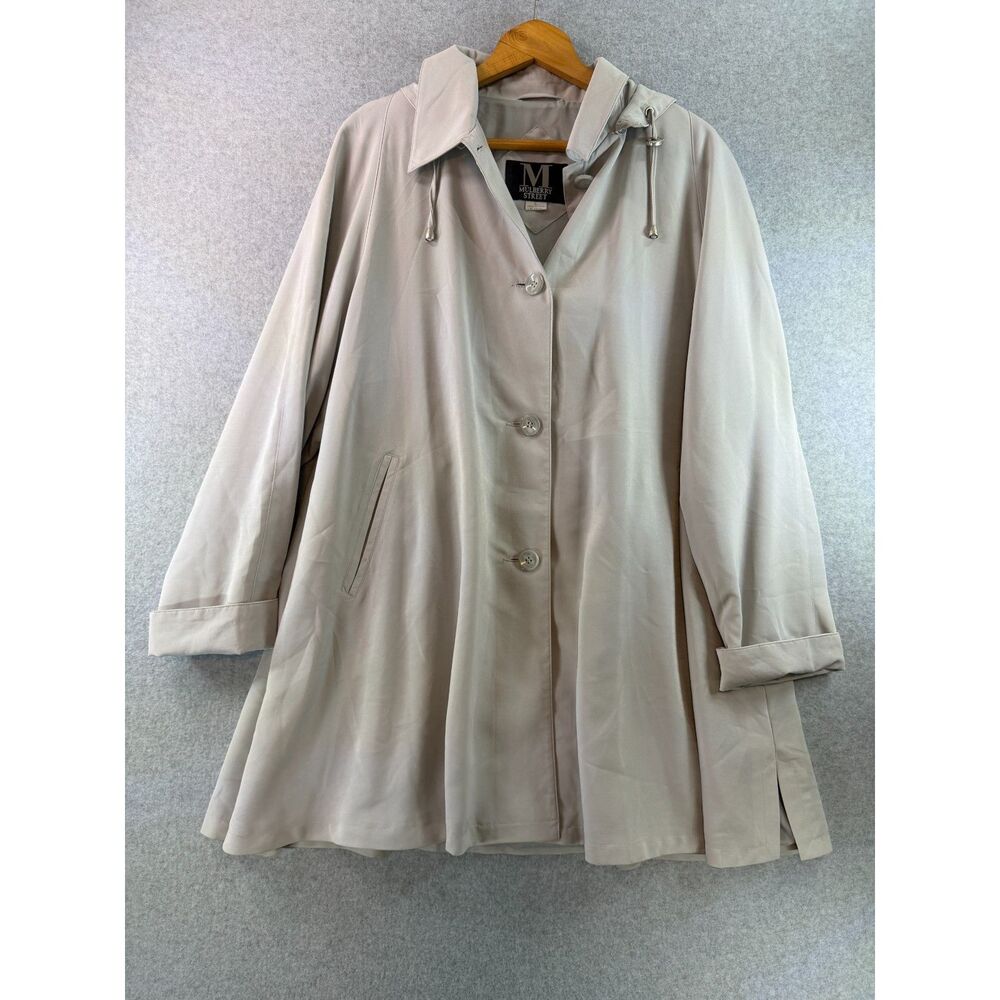 Mulberry Street Women’s L Gray Hooded Button Front Raincoat Jacket Bin D